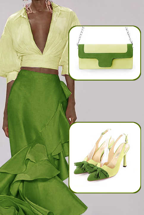 Women's grass green and pistachio green elegant slingback heels, with a bow on the front. Tapered toe. High spool heels - Top view